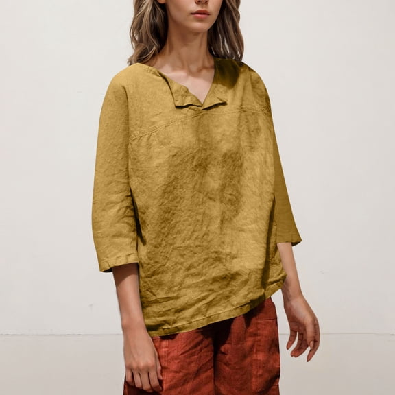 snilers Womens 3/4 Sleeve Tops Summer Cotton Linen Shirts V Neck Casual Loose Fit Fashion Vacation Beach Boho Blouses S-2XL