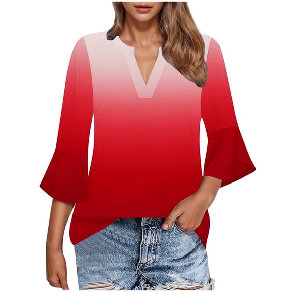 snilers Womens Blouses Ruffle 3/4 Sleeve T Shirts Loose V Neck Gradient Basic Tees Business Dressy Casual Tunic Tops