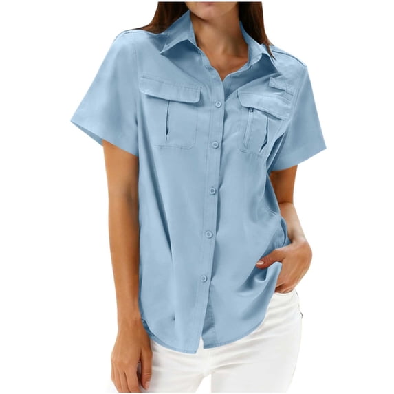 snilers Womens Button Down Shirts Collared V Neck Short Sleeve Shirt Zipper Pockets Summer Casual Fishing Hiking Blouse S-2XL
