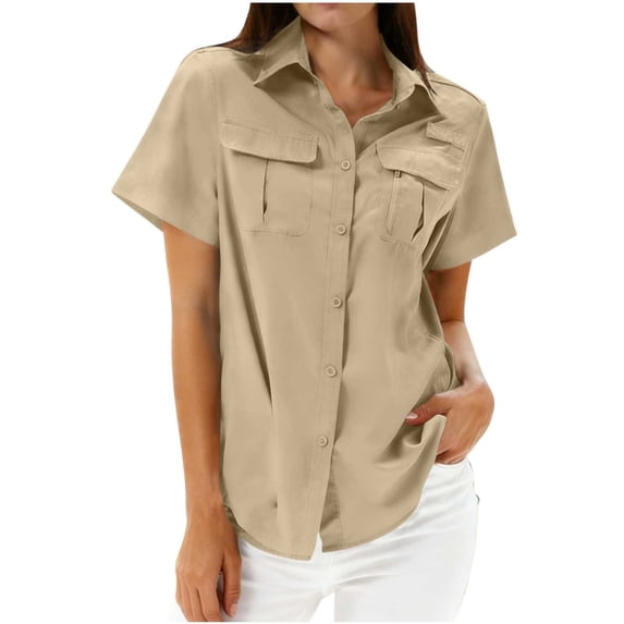 snilers Womens Button Down Shirts Collared V Neck Short Sleeve Shirt Zipper Pockets Summer Casual Fishing Hiking Blouse S-2XL