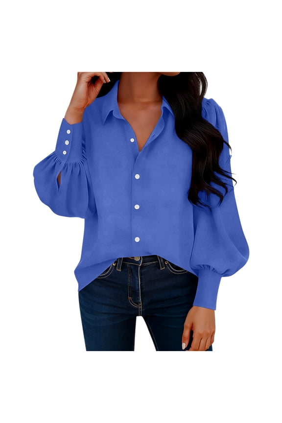 Womens Button Down Shirts Puff Long Sleeve Oversized Boyfriend Blouses Business Casual Collared Work Tops S-2XL