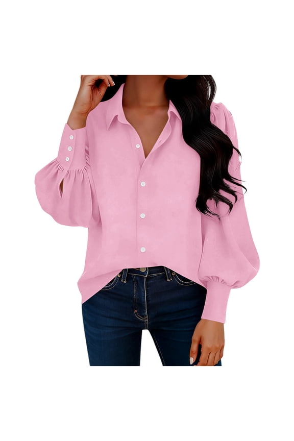 Womens Button Down Shirts Puff Long Sleeve Oversized Boyfriend Blouses Business Casual Collared Work Tops S-2XL