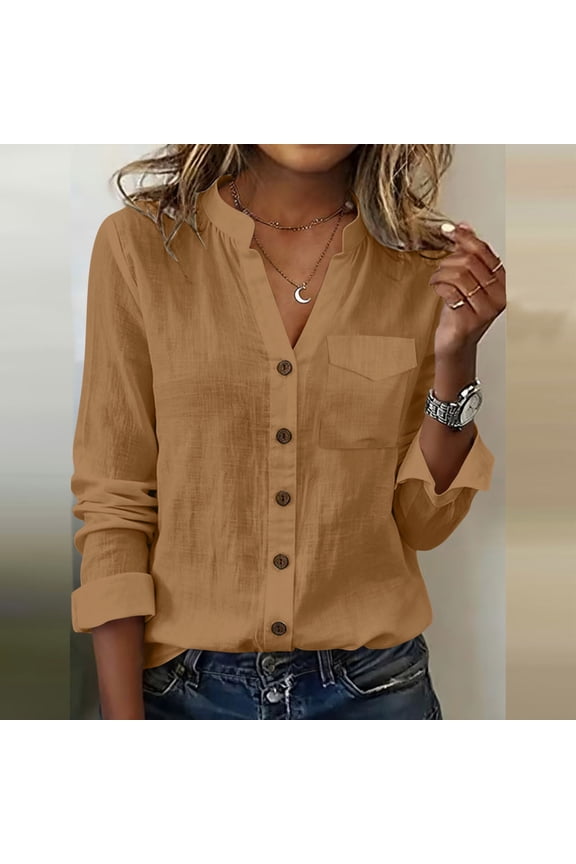 Womens Button Down Shirts Spring Cotton Linen Business Casaul Tops Summer V Neck Long Sleeve Blouses with Pocket S-2XL