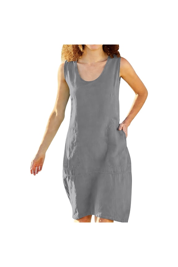 Womens Coton Linen Dresses Summer Sleeveless Shift Tank Sundress Casual Loose Mini Beach Dress with Pockets S-2XL