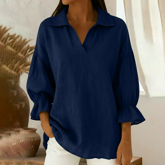 snilers Womens Cotton Linen Shirts V Neck Collared Smocked 3/4 Sleeve Tops Summer Casual Boho Vacation Beach Tunic Blouse S-2XL
