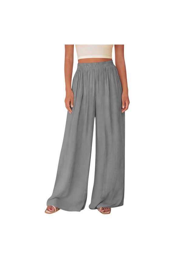 Womens Elastic High Waisted Palazzo Pants Casual Wide Leg Pants Summer Flowy Baggy Beach Vacation Trousers with Pockets XXL