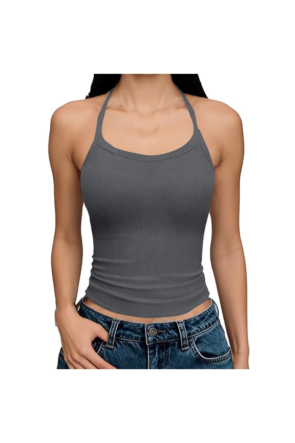 Womens Halter Backless Double Lined Tank Top Y2k Trendy Summer Sleeveless Ribbed Knit Fitted Basic Camisole Crop Tops XXL