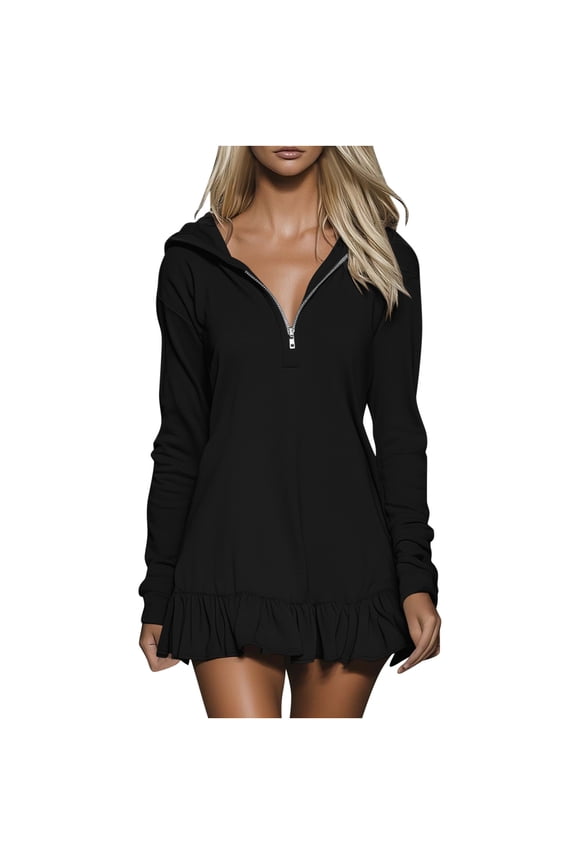 Womens Hoodie Dress Spring Summer Quarter Zip Casual Long Sleeve Ruffle Hem Sweatshirt Pullover Tunic Mini Dresses S-2XL