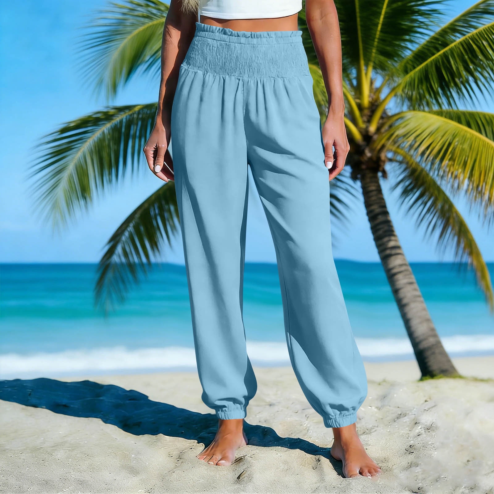 snilers Womens Linen Pants Joggers Lightweight Smocked High Waisted ...