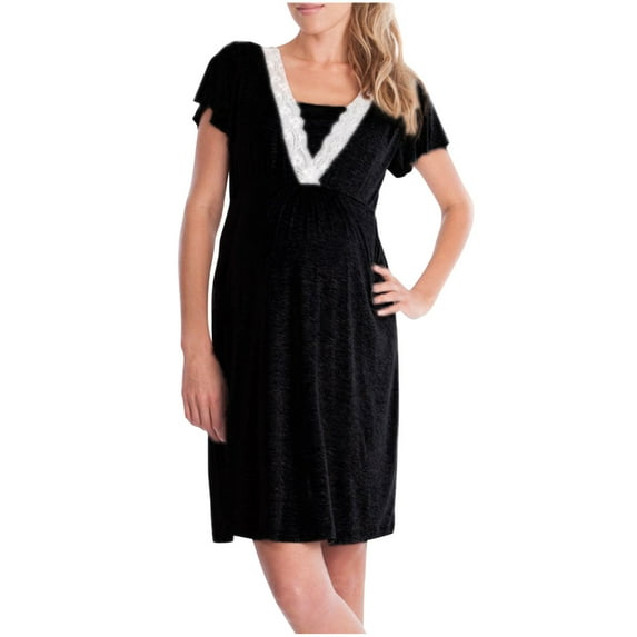 snilers Womens Maternity Nursing Nightgowns Delivery Labor Lace V Neck Sleep Dress Short Sleeve Breastfeeding Nightshirt Nightwear S-2XL