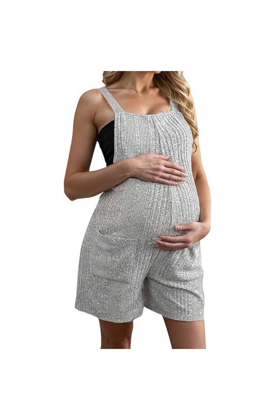Womens Maternity Rompers Summer Casual Loose Sleeveless Overalls Ribbed Knit Pregnancy Shorts Jumpsuit with Pockets S-2XL