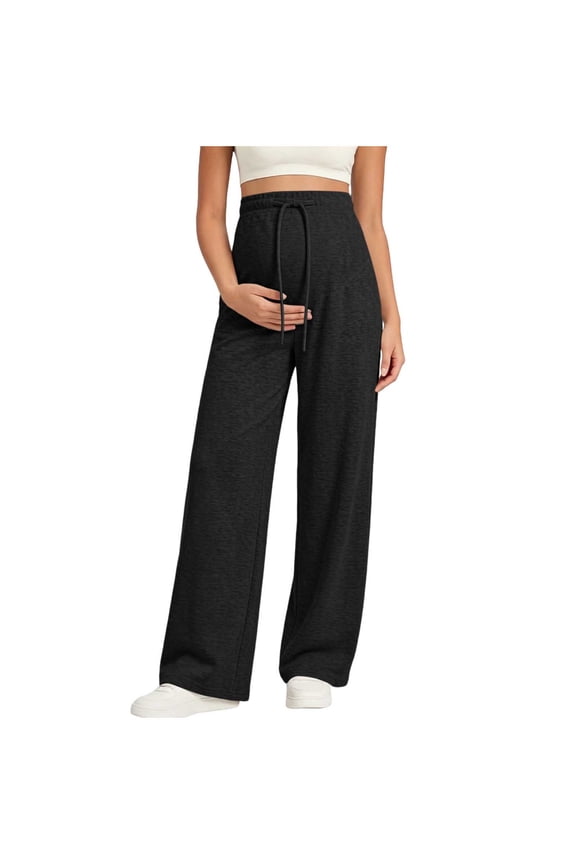 Womens Maternity Sweatpants Over The Belly Wide Leg Drawstring Pregnancy Yoga Pants High Waisted Lounge Trousers Black XL