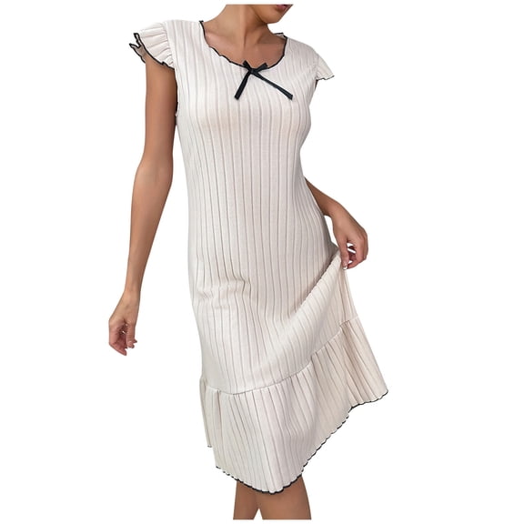 snilers Womens Nightgown Ruffle Cap Sleeve Sleepwear Ribbed Knit Nightshirt Crew Neck Soft Pajama Dress