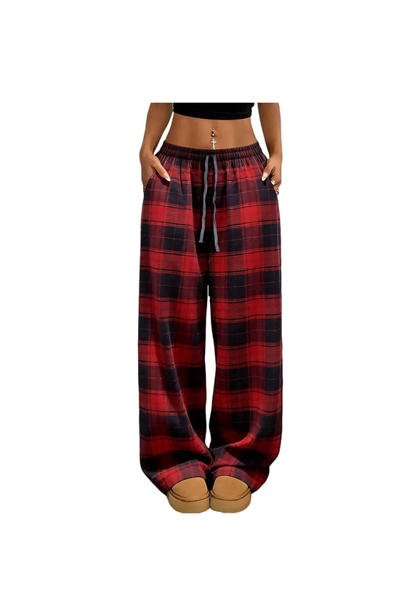 Womens Plaid Checkered Pants Elastic Waist Drawstring Flannel Pants Lounge Wide Leg Baggy Sweatpants with Pockets S-3XL