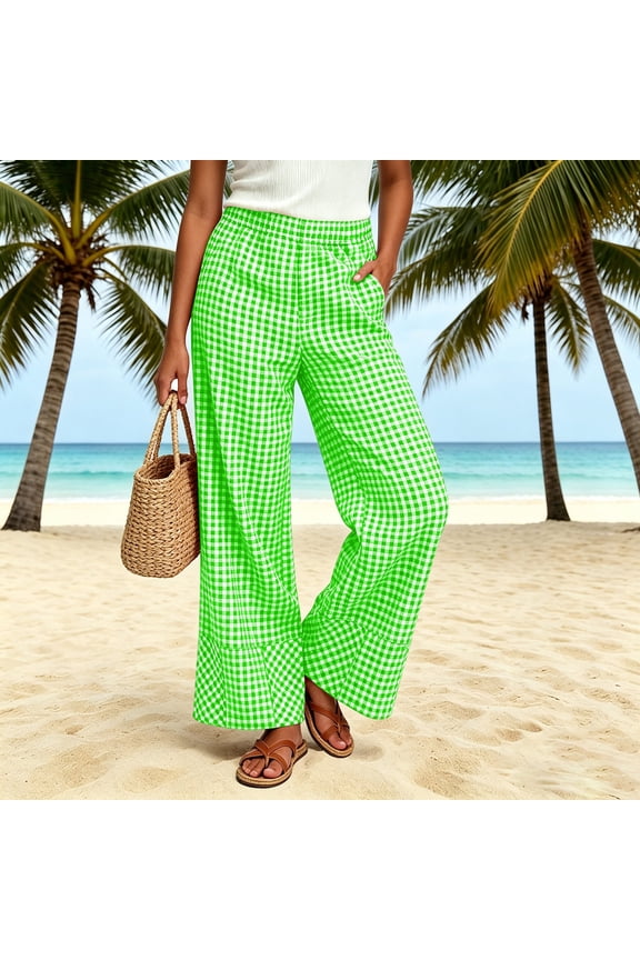 Womens Plaid Gingham Pants Flowy Wide Leg Elastic Waist Pants Summer Palazzo Casual Trousers with Pockets Mint Green XXXL