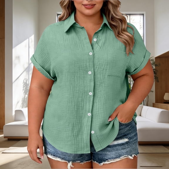 snilers Womens Plus Size Button Down Shirts Short Sleeve Textured V Neck Collared Blouse Casual Summer Tops with Pocket L-4XL