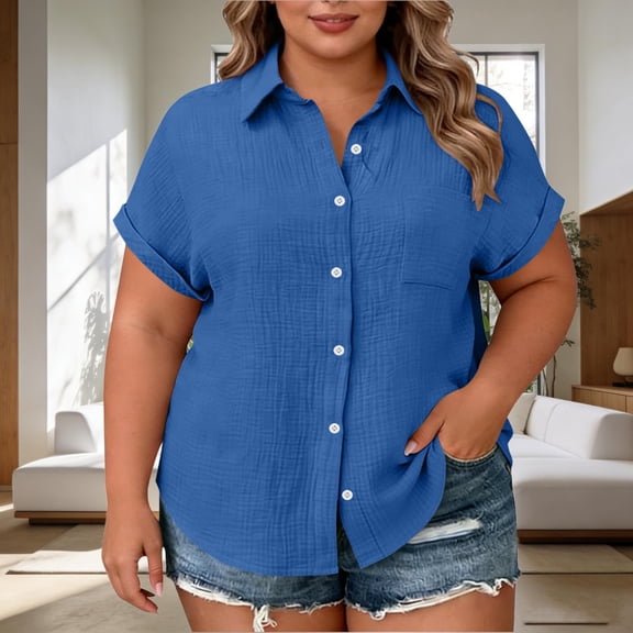 snilers Womens Plus Size Button Down Shirts Short Sleeve Textured V Neck Collared Blouse Casual Summer Tops with Pocket L-4XL