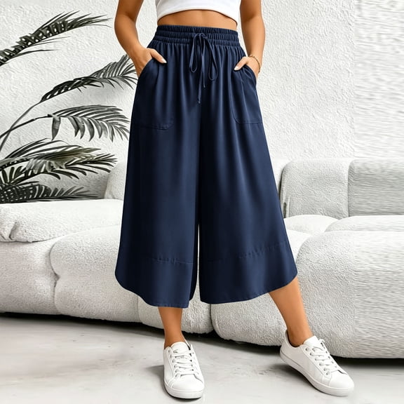 snilers Womens Plus Size Capri Palazzo Pants Dressy Casual Wide Leg Culottes High Waist Gaucho Capris with Pockets Navy XXL