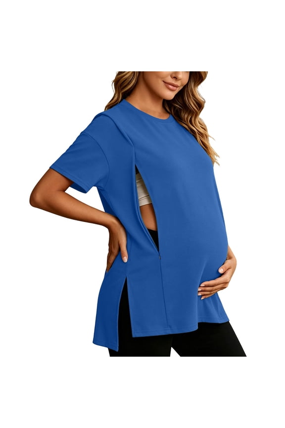 Womens Plus Size Nursing Shirts for Breastfeeding with Hidden Zipper Oversized Short Sleeves Side Splits Maternity Tops Blue XXXXL
