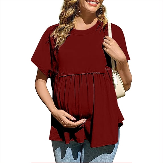 snilers Womens Ruffle Hem Maternity T Shirt Summer Short Batwing Sleeve Crewneck Peplum Tee Tops Pregnancy Clothes S-2XL