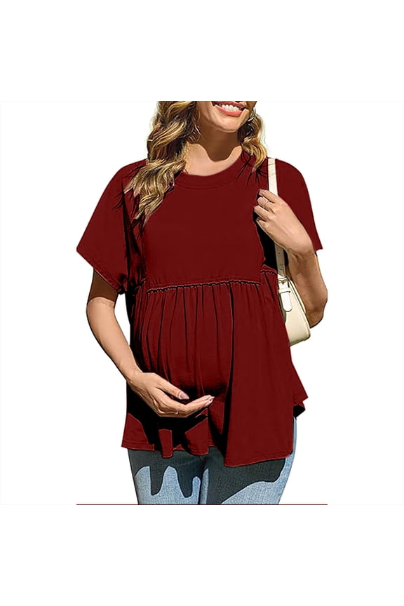 Womens Ruffle Hem Maternity T Shirt Summer Short Batwing Sleeve Crewneck Peplum Tee Tops Pregnancy Clothes S-2XL