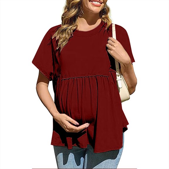 snilers Womens Ruffle Hem Maternity T Shirt Summer Short Batwing Sleeve Crewneck Peplum Tee Tops Pregnancy Clothes S-2XL