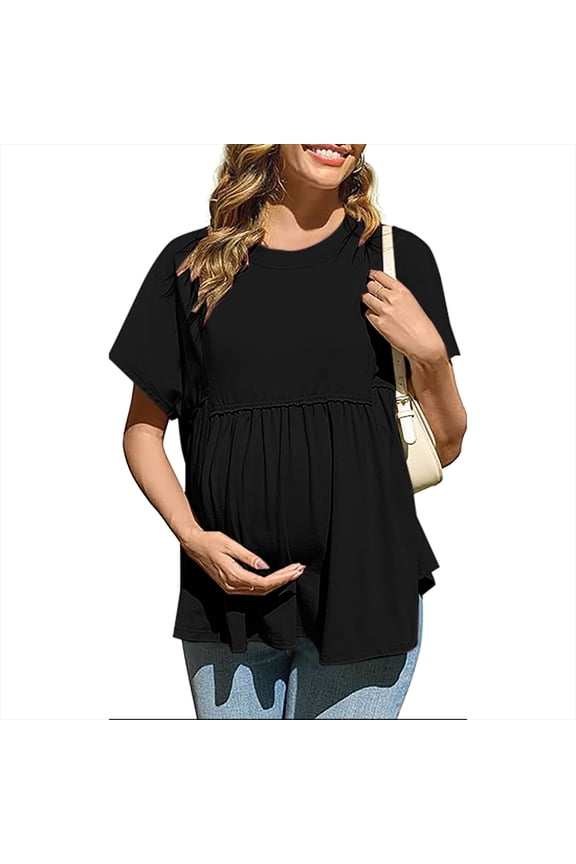 Womens Ruffle Hem Maternity T Shirt Summer Short Batwing Sleeve Crewneck Peplum Tee Tops Pregnancy Clothes S-2XL