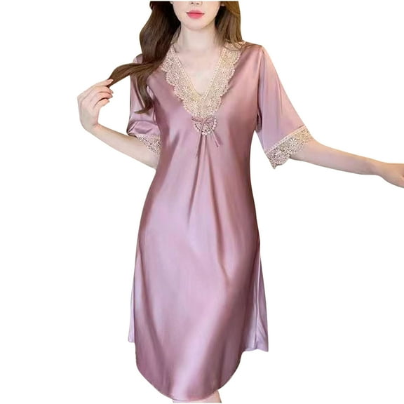 snilers Womens Satin Nightgown Short Sleeve Pajama Nightdress Summer Soft Casual Sleepwear Lace Trim V Neck Nightgown Sleep Dress