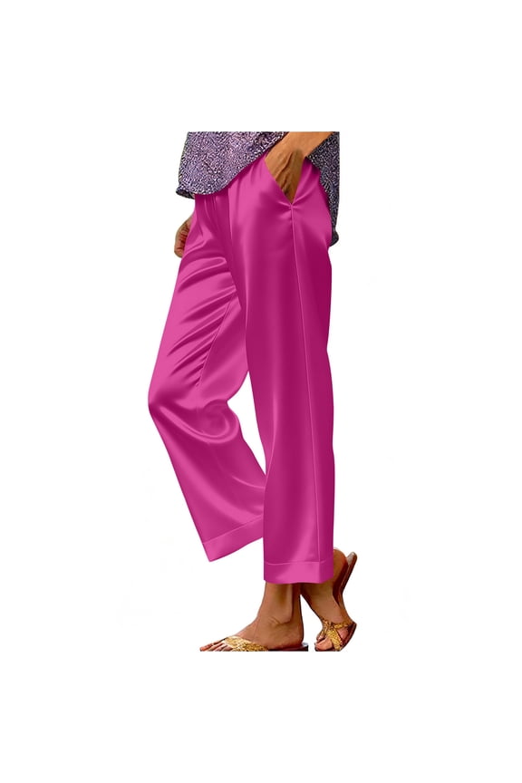 Womens Silk Satin Pants Summer Casual Loose Lounge Pants Elastic Waist Straight Leg Trousers with Pockets S-2XL