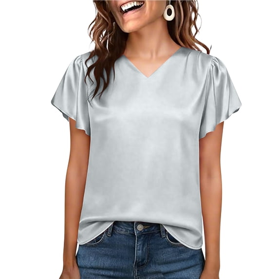 snilers Womens Silk Satin Shirt Summer Casual Ruffle Short Short Sleeve Basic Tees Business Casual Blouse V Neck Work Tops S-2XL