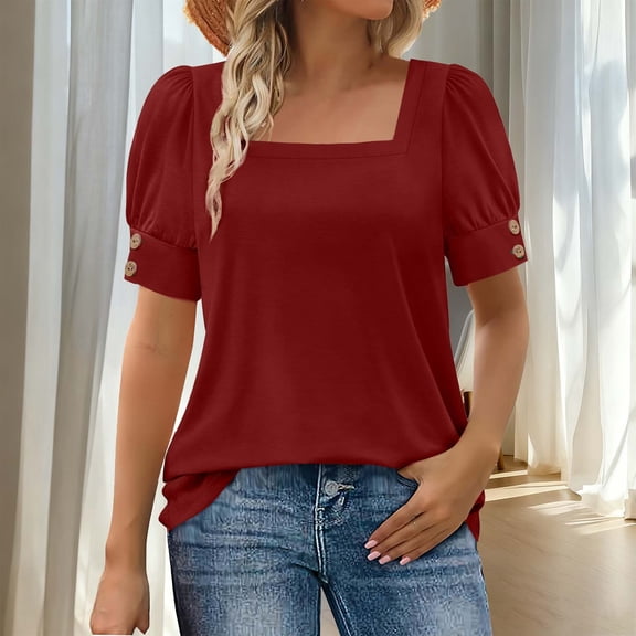 snilers Womens Summer Tops Summer Trendy Puff Short Sleeve Shirts Buttons Square Neck Tunic Tees Dressy Casual Blouses S-2XL