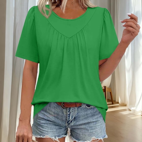 snilers Womens Summer Tops Trendy Short Sleeve T Shirts Pleated Loose Crewneck Tunic Tees Blouses Dressy Casual Blouse S-2XL