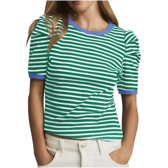 snilers Womens T Shirts Ribbed Knitted Short Puff Sleeve Tops Trendy Striped Color Block Pullover Summer Casual Work Tops