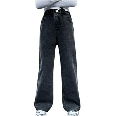 snilers&nbsp;Girls Jeans Elastic High Waist Straight Wide Leg Denim Pants Solid Color Vintage Distressed Casual Jeans with Pocket 8-14Y