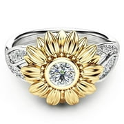 snorda Exquisite Women's Two Tone Silver Floral Ring Round Diamond Gold Sunflower Jewel