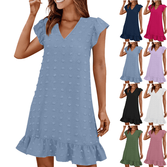 Summer Midi Dresses for Women V-Neck Women's Dress with Short Sleeves Mid Length Decoration Fabric Ball Front Casual Outfit Summer Beach Fashion Vacation S-XXL