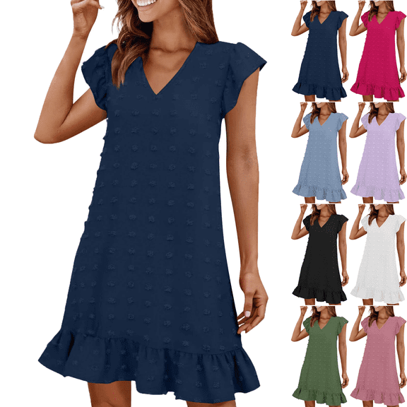 Summer Midi Dresses for Women V-Neck Women's Dress with Short Sleeves Mid Length Decoration Fabric Ball Front Casual Outfit Summer Beach Fashion Vacation S-XXL