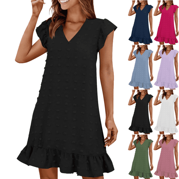Summer Midi Dresses for Women V-Neck Women's Dress with Short Sleeves Mid Length Decoration Fabric Ball Front Casual Outfit Summer Beach Fashion Vacation S-XXL