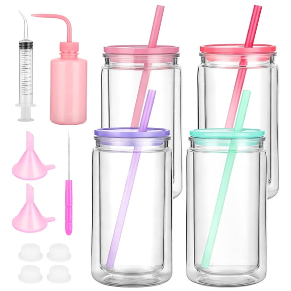 Double Wall Snow Globe Tumblers Set, 4 Pcs 16 oz DIY Pre Drilled Glass Cups Kit with Curved Mouth Bottle, Funnels, Syringe, Awl for Crafting Filling, 4 Colors