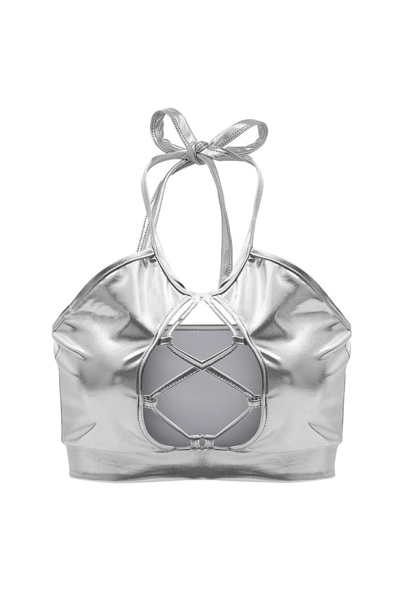 Bras for Women,Bralettes for Women Women's Shiny Bra Rave Bandeau Vest Bra Holographic Crop Top Backless Metallic Rave Suit Wireless Bra,Seamless Bras,Full Coverage Bras Silver M