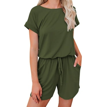 snowsong Jumpsuits For Women Rompers For Women 2023 Women's Short Sleeved Solid Color Lace Up Drawstring Casual Jumpsuit Shorts Women's Pants Army Green L