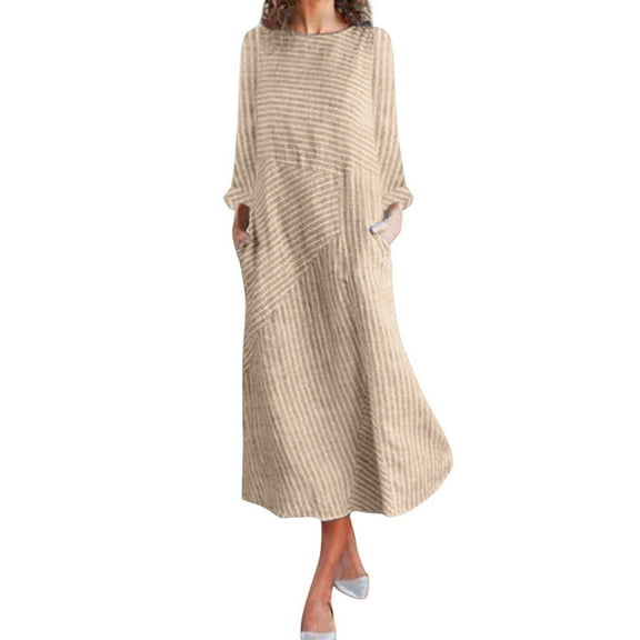 snowsong Long Sleeve Dress,Casual Dresses Women Casual Striped Print Long Sleeve Dress Crew Neck Pocket Long Dress Maxi Dress,Long Sleeve Dress,Linen Dress Khaki Dress S