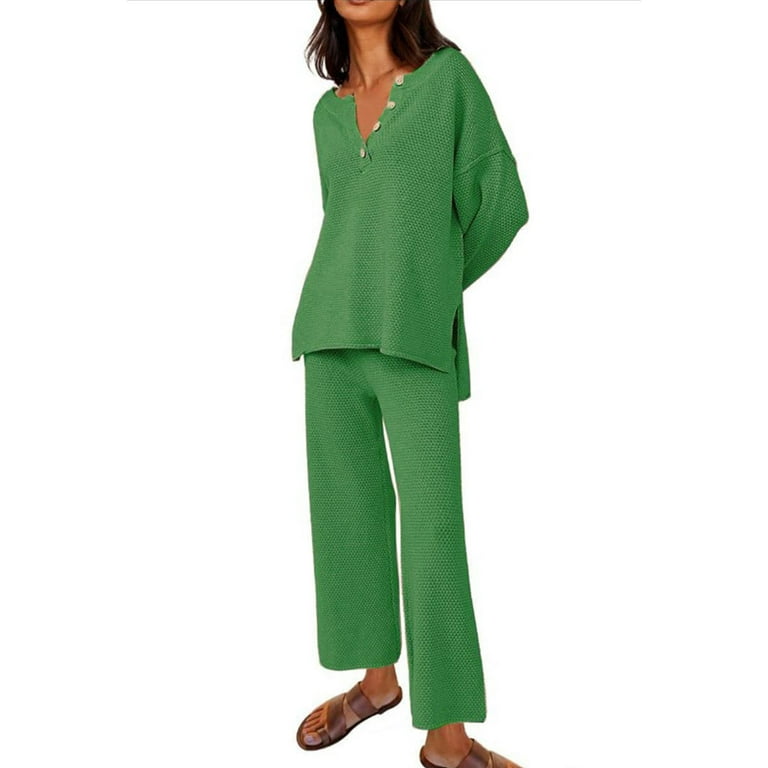 snowsong Lounge Sets For Women Workout Sets Women's Solid Color Fashion  Loose Casual Button Long Sleeve Split Top Long Pants Set Matching Sets Women  Clothing Green XL 