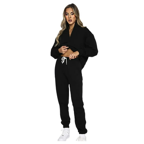 snowsong Lounge Sets For Women Workout Sets Women's Solid Color Stand Collar Zipper Pullover Long Sleeve Sweater Fashion Trousers Suit Matching Sets Women Clothing Black XL