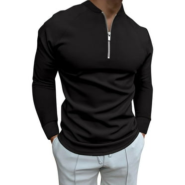 snowsong Male Casual Autumn Striped Fabric T Shirt Zipper Turn Down Collar Long Sleeve Tops T Shirt Mens Fall Shirts Long Sleeve Shirts For Men T Shirts For Man Black L