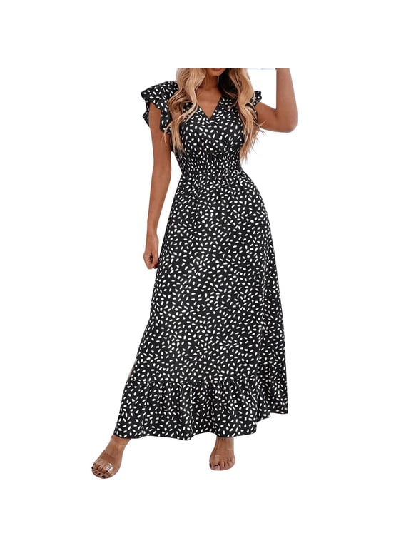 Maxi Dress,Easter Dress Women Maxi Dress For Women Ruffle Sleeve Beach Long Sundress Boho Summer Casual Floral Dress Floral Dress,Elegant Dresses,Work Dresses Black Dress XL