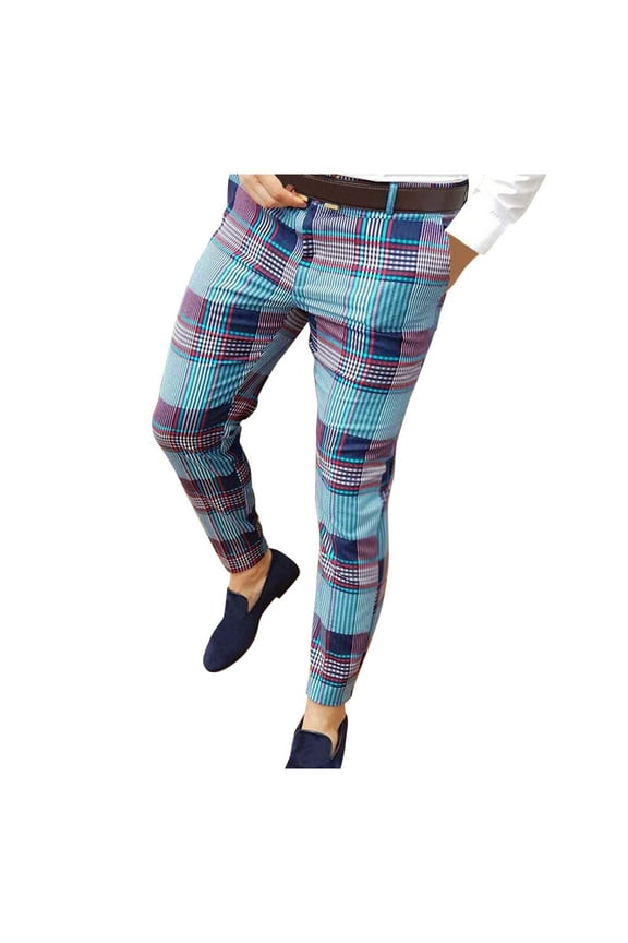 Mens Dress Pants Work Pants For Men Men's Casual Plaid Pencil Pants Zipper Elastic Waist Pants Trousers Pants For Men Blue XL