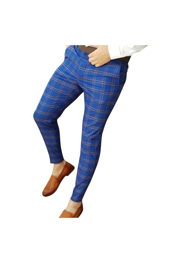 Mens Dress Pants Work Pants For Men Men's Casual Plaid Print Pencil Pants Zipper Elastic Waist Pants Trousers Pants For Men Blue XL