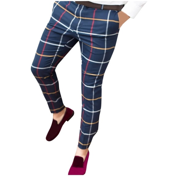 snowsong Mens Dress Pants Work Pants For Men Men's Casual Plaid Print Pencil Pants Zipper Elastic Waist Pants Trousers Pants For Men Dark blue S