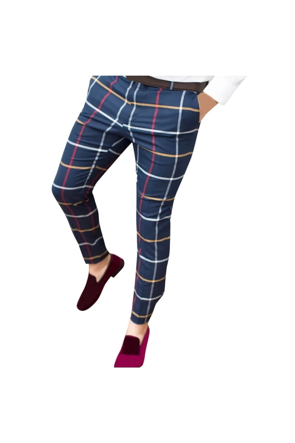 Mens Dress Pants Work Pants For Men Men's Casual Plaid Print Pencil Pants Zipper Elastic Waist Pants Trousers Pants For Men Dark blue XL